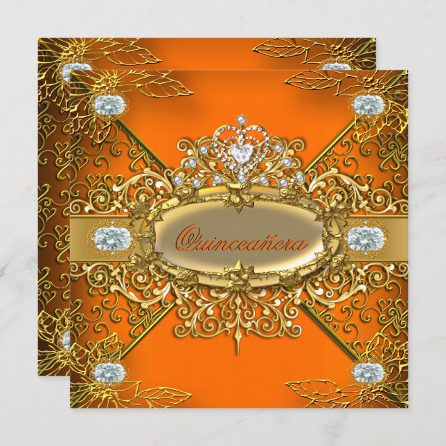 Elite Quinceanera Orange Gold Damask 15th Party Invitation (Front/Back)