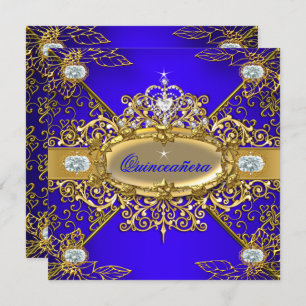 Elite Quinceanera Royal Blue Gold Damask 15th 2 Invitation