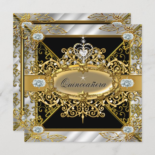 Elite Quinceanera Silver Gold Black Damask 15th Invitation (Front/Back)