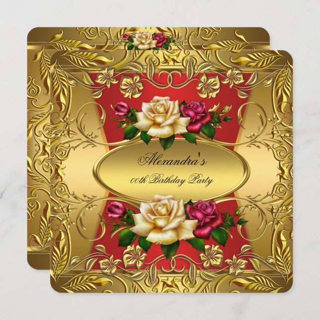Elite Red Cream Roses Ornate Gold Birthday Party Invitation (Front/Back)
