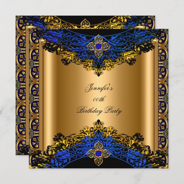 Elite Royal Blue Gold Black Birthday Party Invitation (Front/Back)