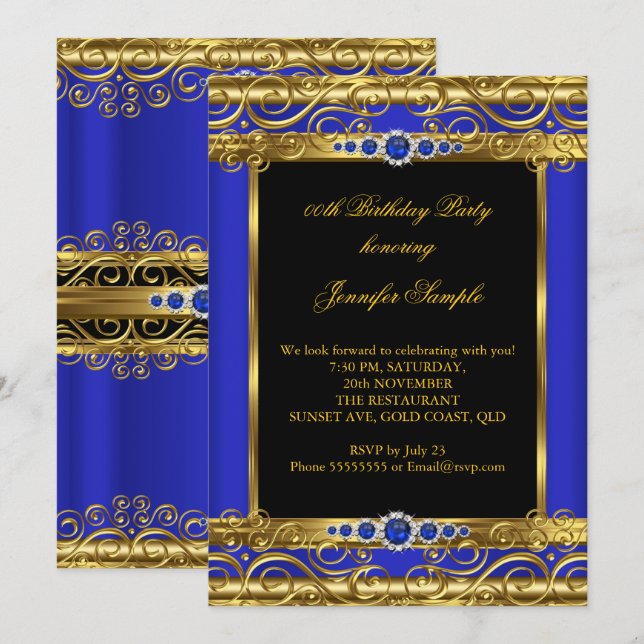 Elite Royal Blue Gold Damask Pearl Birthday Party Invitation (Front/Back)