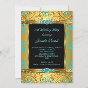 Elite Teal Blue Gold Damask Pearl Birthday Party 4 Invitation