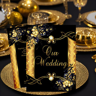 Elite Wedding Gold Black Floral Diamonds Invitation