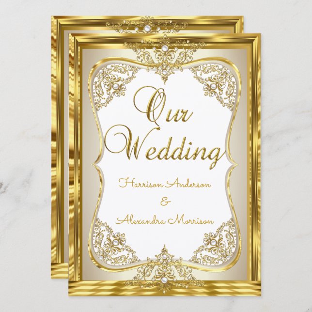 Elite Wedding Gold White beige Cream Pearl  Invitation (Front/Back)