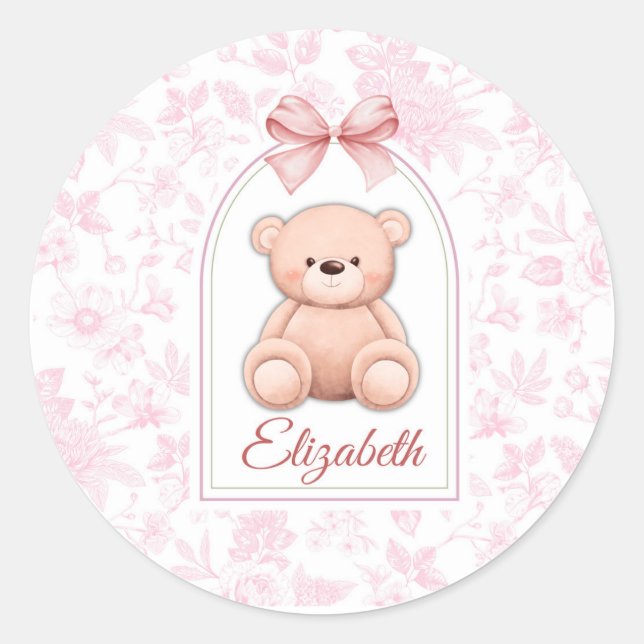 Elizabeth | Custom Pink Teddy Bear Nursery Design  Classic Round Sticker (Front)