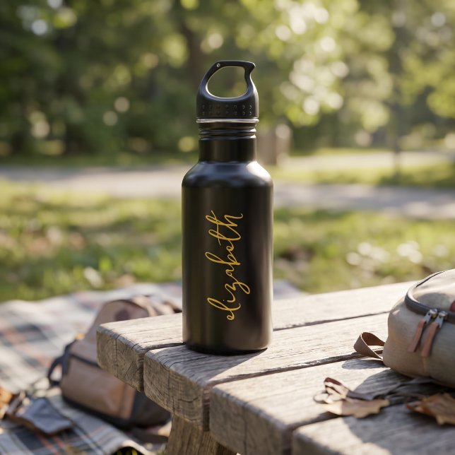 Elizabeth Gold Script Black Water Bottle (Creator Uploaded)