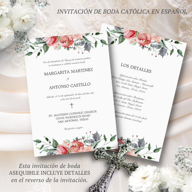 Elizabeth Invitacion de Boda Catolica Wedding Invitation (Elegante invitación de boda en español con flores rosas de acuarela)