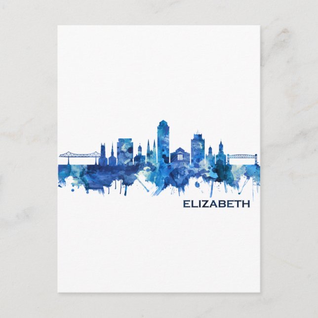 Elizabeth New Jersey Skyline Blue Invitation Postcard (Front)