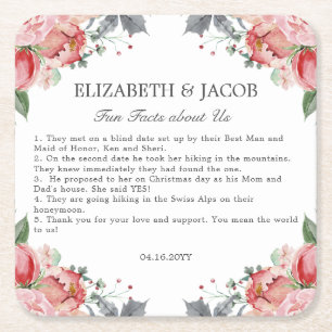 Elizabeth Pink Floral Fun Facts Wedding Square Paper Coaster