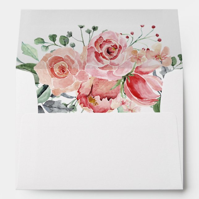 Elizabeth Pink Floral Return Address Wedding Envel Envelope (Back (Bottom))