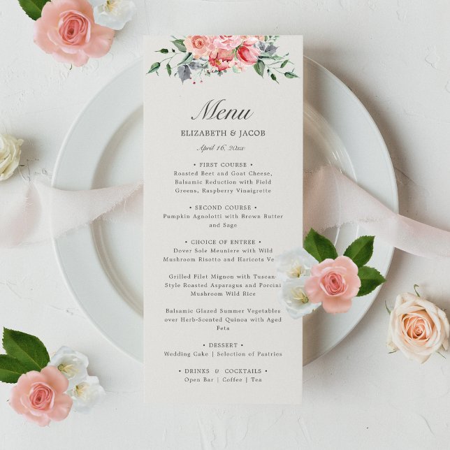 Elizabeth Pink Floral Script Wedding Menu (This elegant, floral wedding menu features pink roses and is perfect for a classic garden reception)