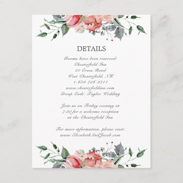 Elizabeth Pink Flowers Calligraphy Wedding Details Enclosure Card (Front)