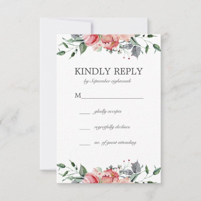 Elizabeth Simple Elegant Pink Flowers Wedding RSVP Card (Front)
