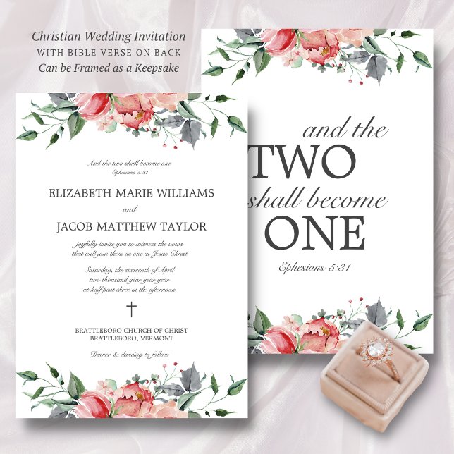 Elizabeth Two Shall Become One Christian Wedding Invitation (Pink, floral, Christian wedding invitation with Bible verse on back.)