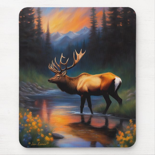 Elk at Mountain Stream Beautiful Painting Mouse Pad (Front)