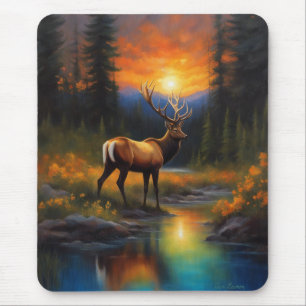 Elk at Rocky Mountain Stream Beautiful Painting Mouse Pad