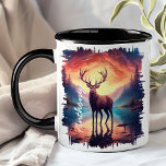 Elk at Sunset Mountain Lake Reflection Mug<br><div class="desc">Experience the grandeur of nature with the Elk at Sunset Mountain Lake Reflection Mug. This stunning mug features a majestic elk standing by a serene mountain lake at sunset, with the vibrant colours of the sky and the tranquil landscape beautifully reflected in the water. Customised with your name, it adds...</div>