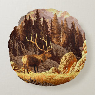 Elk Bull Round Cushion