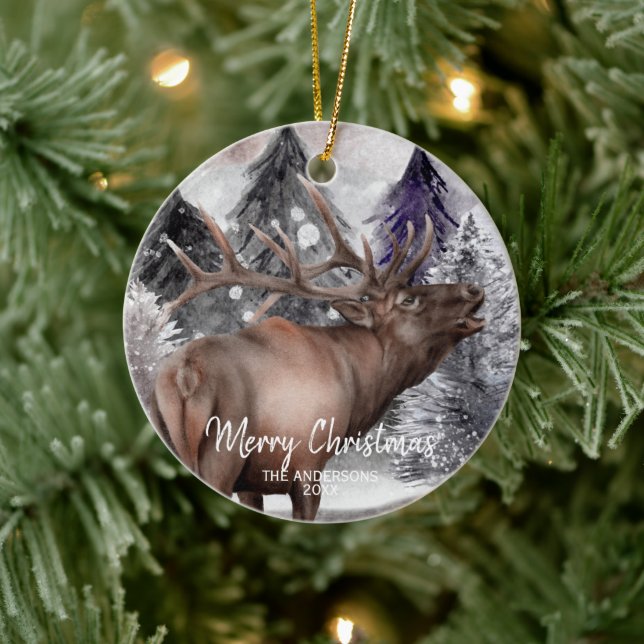 Elk Deer Watercolor in Forest Christmas Ornament (Tree)