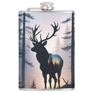 Elk Double Exposure Animal Nature Wilderness Wild Hip Flask