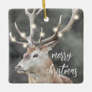 Elk  Glowing Light Antlers Rustic Holiday Ceramic Ornament
