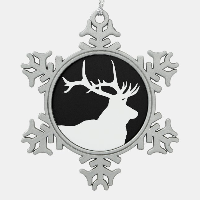 Elk Head Snowflake Pewter Christmas Ornament (Front)