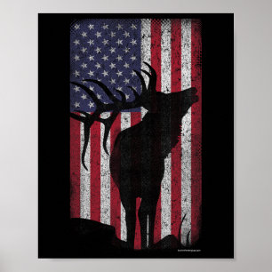 Elk Hunting Bugling Bull Us Flag - American Retro  Poster