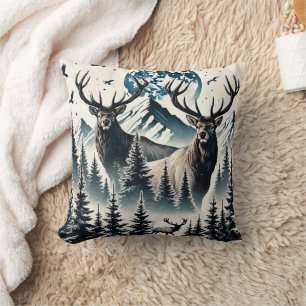 Elk in a Mystical Forest Under a Moonlit Mountain Cushion