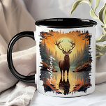 Elk in Autumn Forest Lake Reflection Mug<br><div class="desc">Embrace the beauty of nature with the Elk in Autumn Forest Lake Reflection Mug. This captivating mug features a majestic elk standing by a tranquil forest lake during autumn, with the vibrant fall foliage and serene landscape reflected in the water. Customised with your name, it adds a unique and personal...</div>