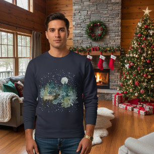 Elk in Forest Full Moon Snowfall Holiday Sweatshirt