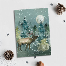 Elk in Forest Full Moon Snowfall Watercolor