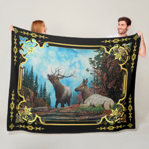 Elk in Montana Mountains, Bull and cow Fleece Blan