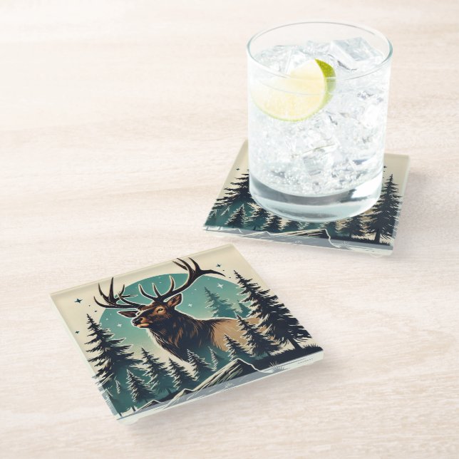 Elk in Stylised Forest with Starry Night Sky Glass Coaster (Angled)