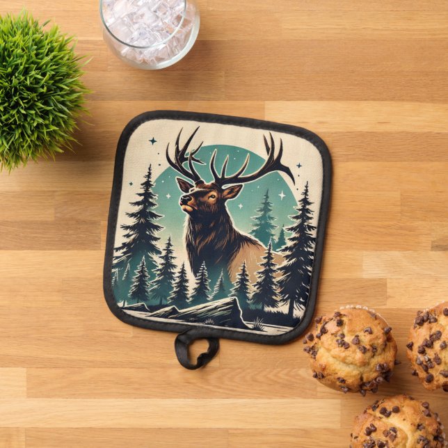 Elk in Stylised Forest with Starry Night Sky Pot Holder (Top Down)