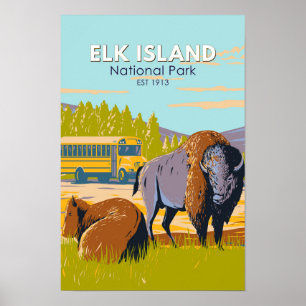 Elk Island National Park Canada Bison Vintage Poster