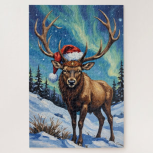Elk Noble Bull Under the Northern Lights Hat Jigsaw Puzzle