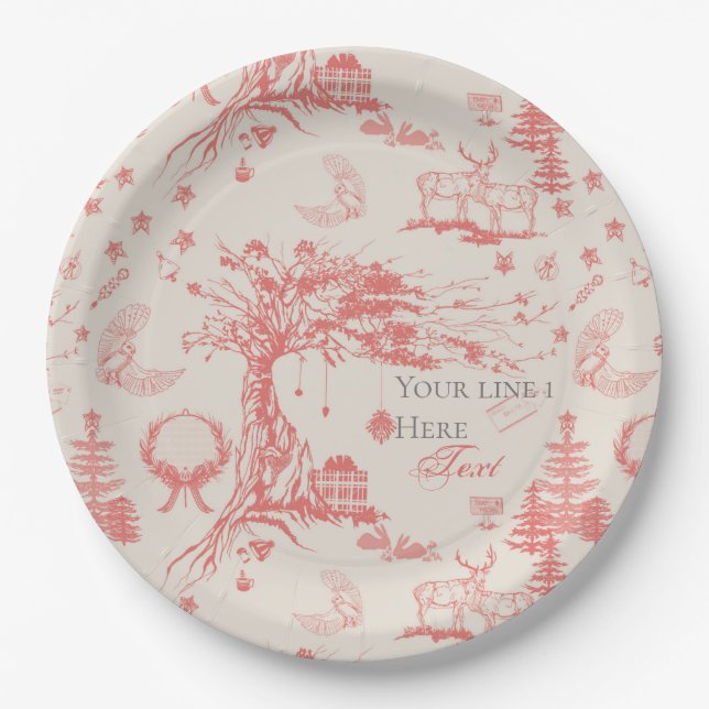 Elk Woods French Toile in Red with Personalisation Paper Plate (Front)