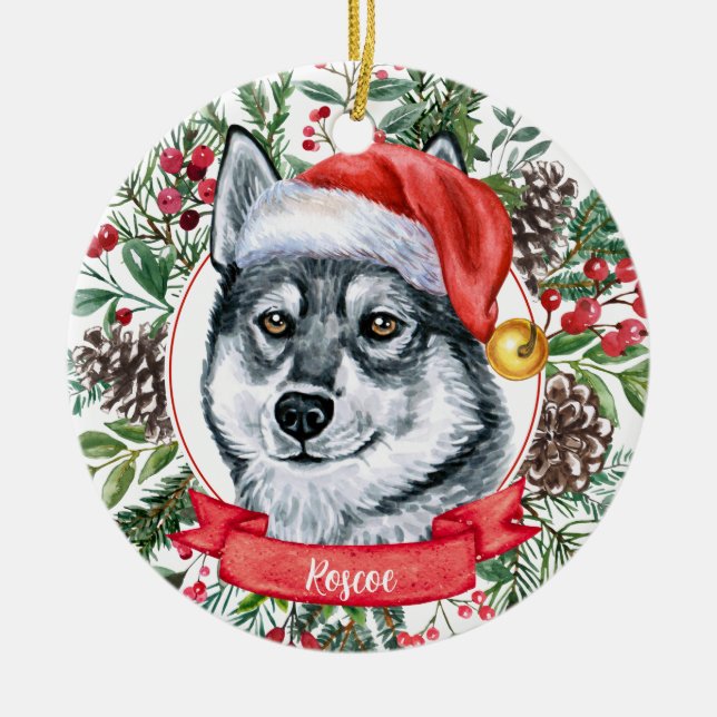 Elkhound Dog Custom Santa Hat Christmas Ornament (Front)