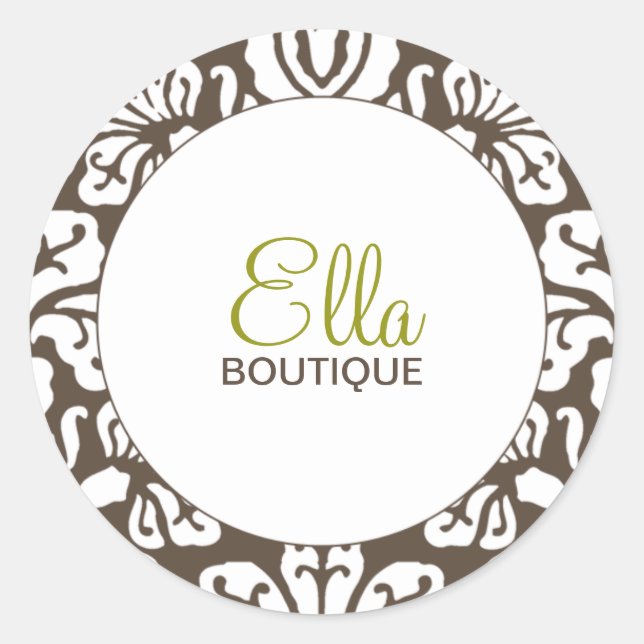 Ella Brown Damask Chic Round Sticker (Front)