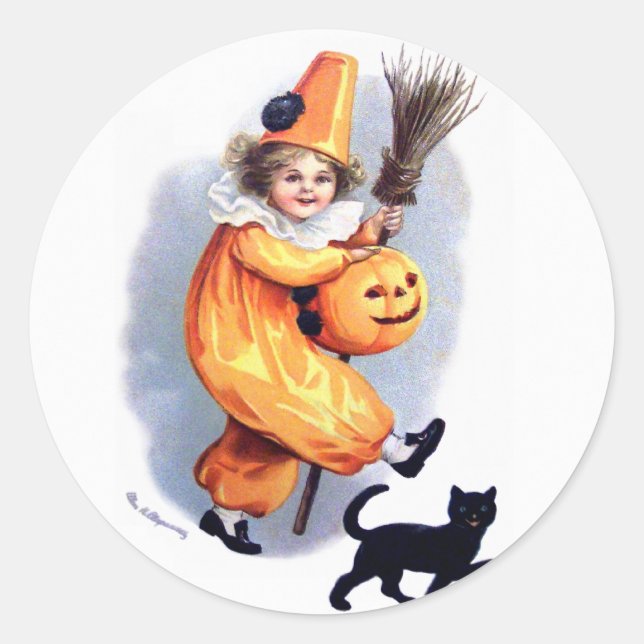 Ellen H. Clapsaddle: Halloween Harlequin with Cat Classic Round Sticker (Front)