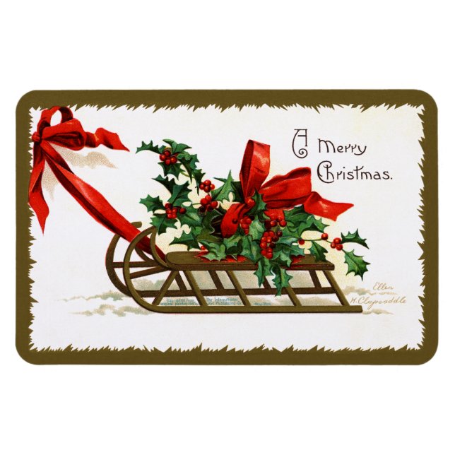 Ellen H. Clapsaddle: Sledge with Holly Magnet (Horizontal)