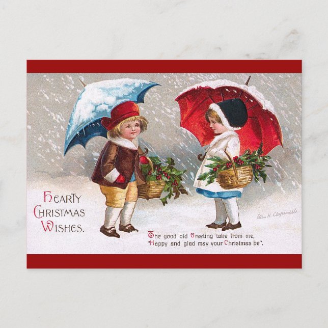 Ellen H. Clapsaddle - Two Children with Umbrellas Holiday Postcard (Front)