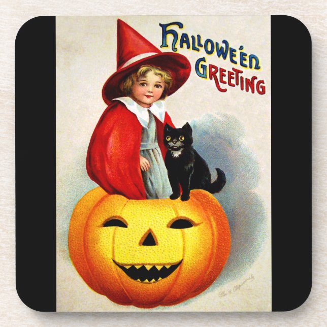 Ellen H. Clapsaddle: Witch in Jack O'Lantern Coaster (Front)