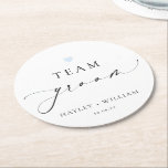 Ellesmere Minimalist Team Groom Round Paper Coaster<br><div class="desc">These team groom paper drink coasters feature a minimalist design with a script calligraphy heading. The script heading is an image that cannot be edited. All of the other text is fully editable. These sugar cookies are the perfect accompaniment to your wedding, engagement party, wedding breakfast, couples shower or vow...</div>