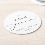Ellesmere Minimalist Team Groom Round Paper Coaster<br><div class="desc">These team groom paper drink coasters feature a minimalist design with a script calligraphy heading. The script heading is an image that cannot be edited. All of the other text is fully editable. These sugar cookies are the perfect accompaniment to your wedding, engagement party, wedding breakfast, couples shower or vow...</div>