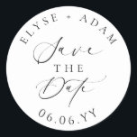 Ellesmere Modern Minimalist Wedding Save The Date Classic Round Sticker<br><div class="desc">The Ellesmere save the date envelope seal sticker features a modern minimalist design on a white background for a clean and simple look. The script text is not editable. All of the other text is fully editable. For more advanced customisation of this design, simply select the "Customise It" button above....</div>