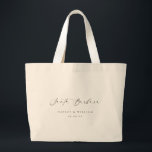 Ellesmere Santa Barbara Wedding Welcome Large Tote Bag<br><div class="desc">Welcome your guests to your wedding with the Ellesmere wedding tote. This wedding welcome tote bag features a minimalist design with a script calligraphy heading. The names and date can be customised to suit your wedding, however, the script heading is an image that cannot be edited. For more advanced customisation...</div>