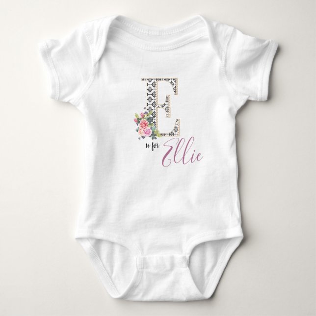 Ellie Name Baby Outfit Letter E Romper Floral Girl Baby Bodysuit (Front)