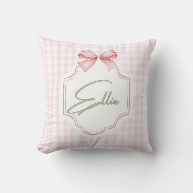 Ellie Personalized Pink Bow & Gingham Print  Cushion (Front)